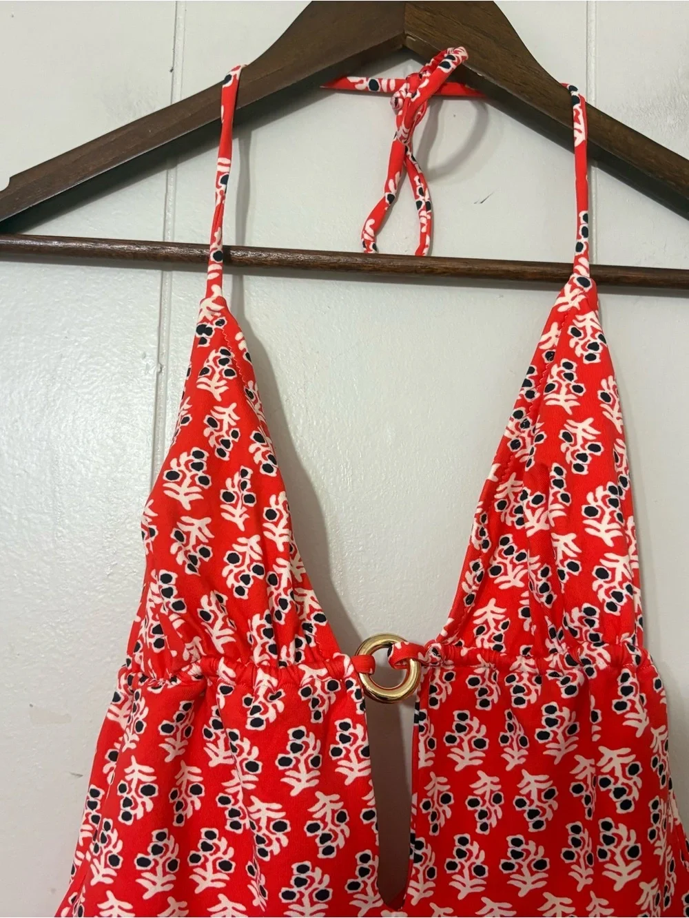 Tory Burch Hamadri Floral Halter One Piece Swimsuit Red Orange Size XL NWOT